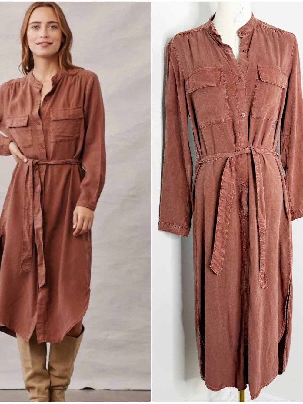 Bella Dahl Palmer XS Tencel Lyocell Belted Shirt Dress Rust Button Front Midi
